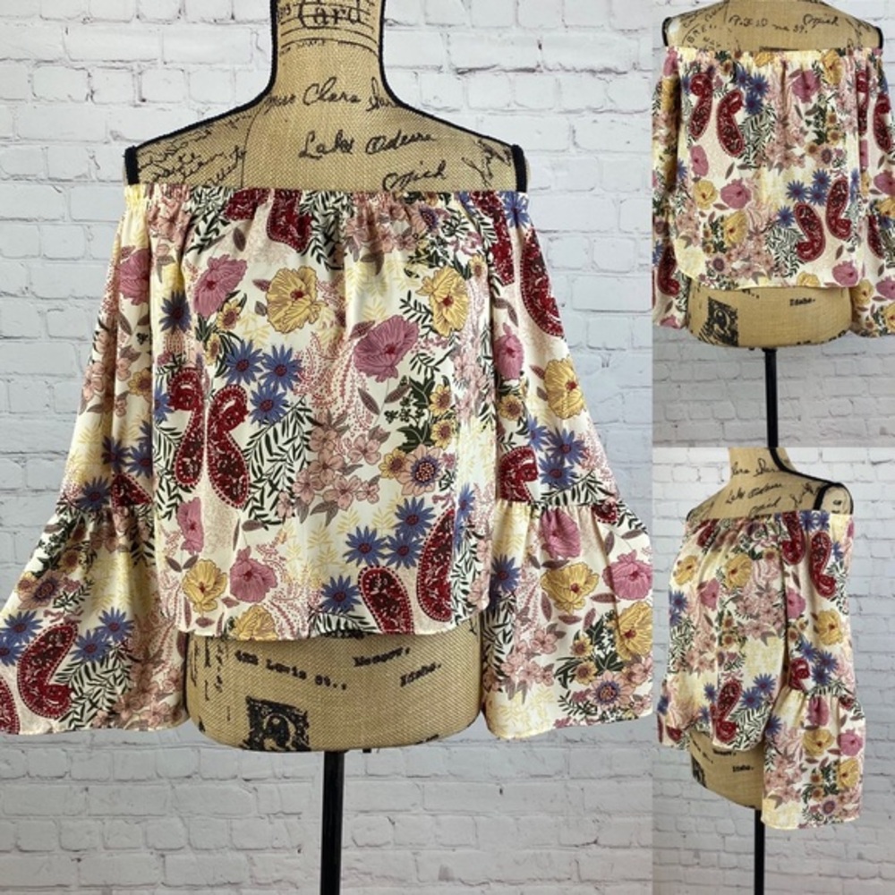 Love Fire Off Shoulder Paisley Floral Bell Sleeve Top